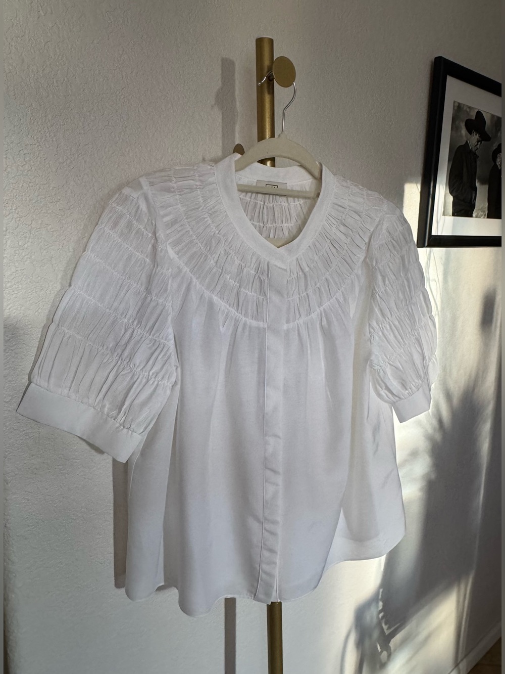 AYR White Smocked Pleated Cotton Silk Blend Blouse / Size Large